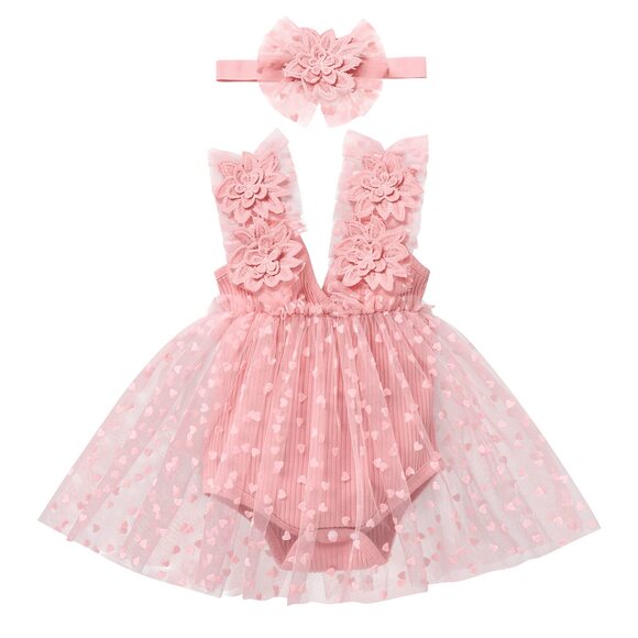 NWT Pink Lace Tulle Romper Dress with Floral Headband Size: 6-12 Months - Picture 1 of 4